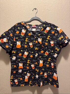 Hello Kitty Black Halloween Scrub Top with Orange & White Print